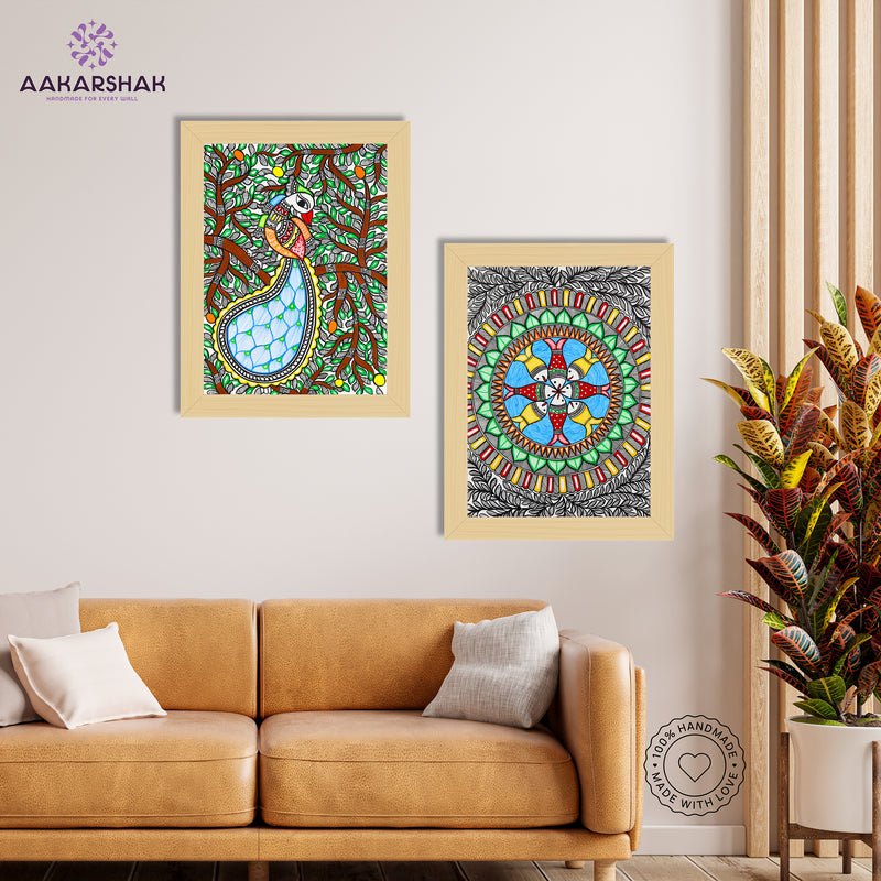 Handmade Madhubani Painting Set of 2 –  Peacock and Fish  12x16