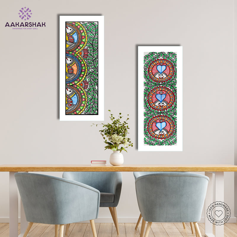 Handmade Madhubani Painting Set of 2 – Fish & Fish Wall Decor 8x23