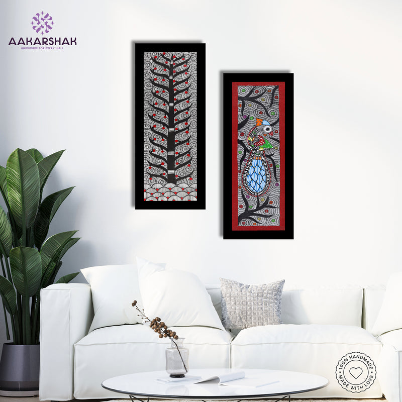 Handmade Madhubani Painting Set of 2 – Tree of life & Peacock 8x23
