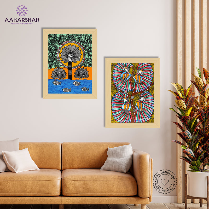 Handmade Madhubani Painting Set of 2 – Peacock 12x16
