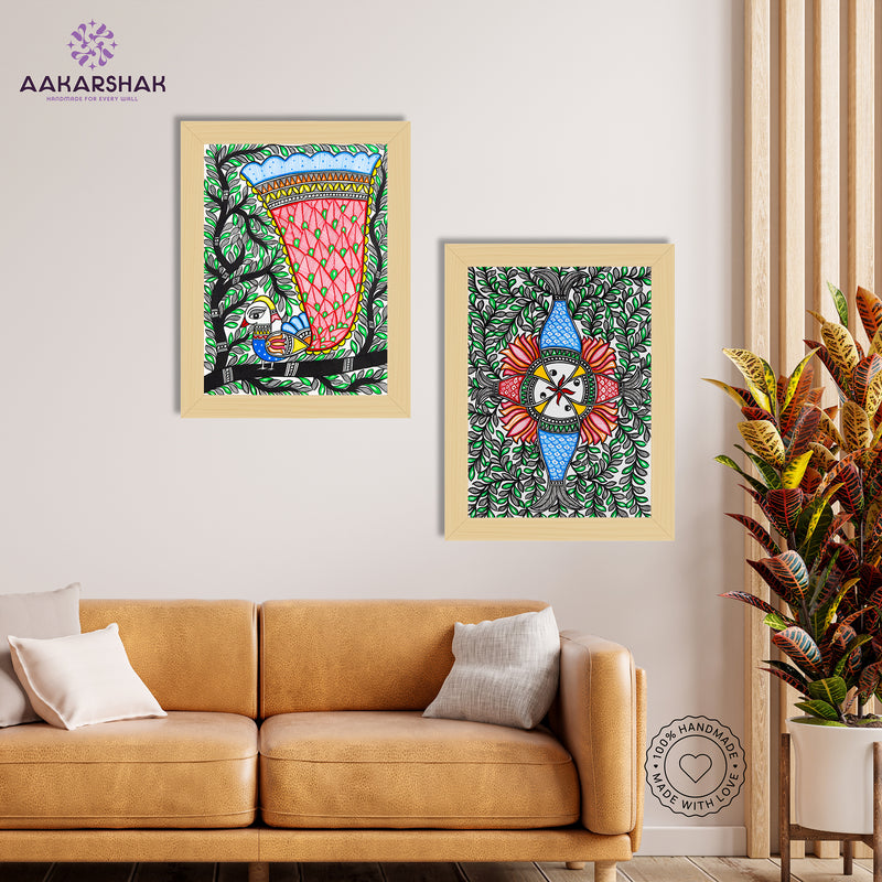 Handmade Madhubani Painting Set of 2 –  Peacock and Fish  12x16