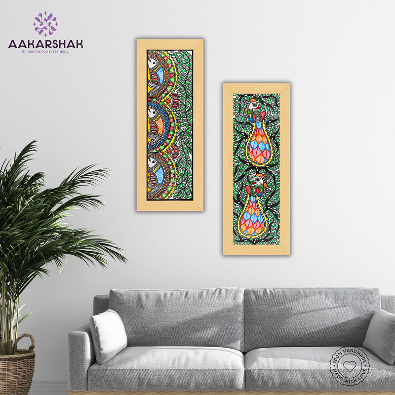 Handmade Madhubani Painting Set of 2 – Fish & Peacock Wall Decor 8x23