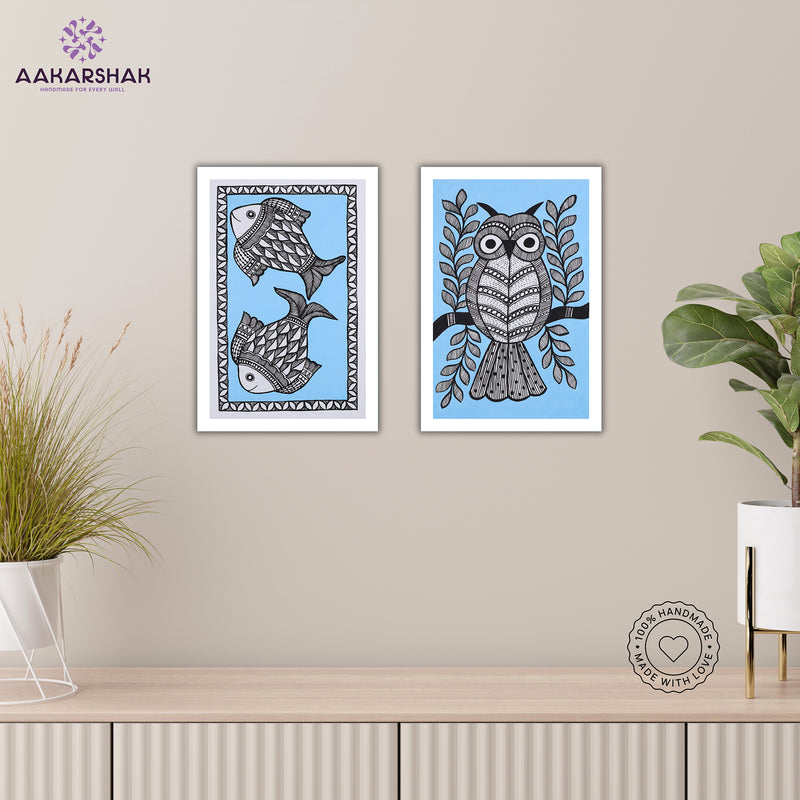 Handmade Fish and Owl Madhubani Painting 8x12 Set of 2
