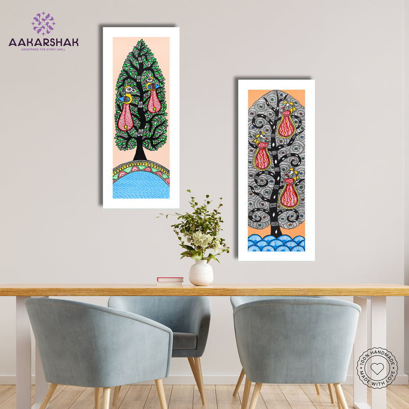 Handmade Madhubani Painting Set of 2 – Peacock and Peacock Wall Decor 8x23