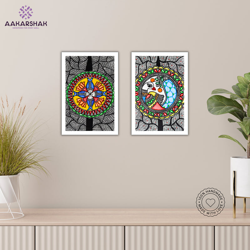 Handmade Fish and Peacock Madhubani Painting 8x12 Set of 2