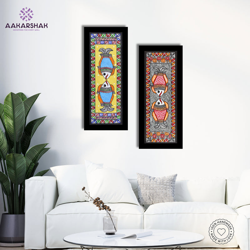 Handmade Madhubani Painting Set of 2 – Fish & Fish Wall Decor 8x23