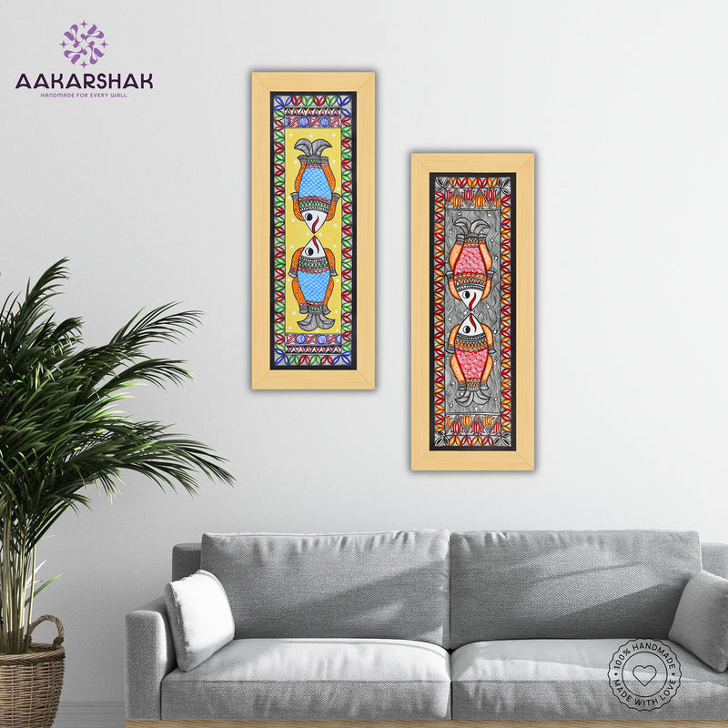 Handmade Madhubani Painting Set of 2 – Fish & Fish Wall Decor 8x23