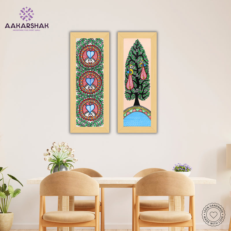 Handmade Madhubani Painting Set of 2 – Fish & Peacock Wall Decor 8x23