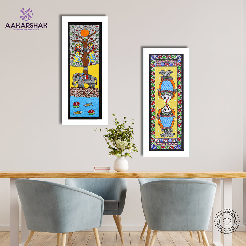 Handmade Madhubani Painting Set of 2 – Elephant & Fish Wall Decor 8x23