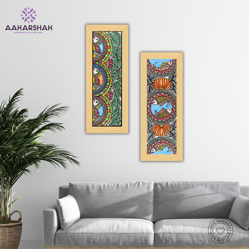 Handmade Madhubani Painting Set of 2 – Fish & Fish Wall Decor 8x23