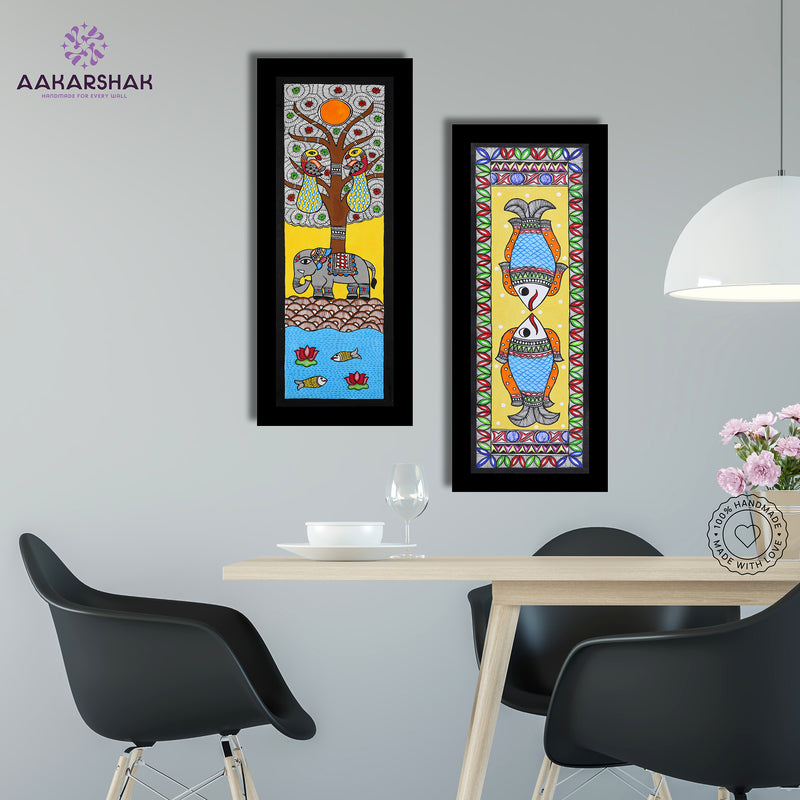 Handmade Madhubani Painting Set of 2 – Elephant & Fish Wall Decor 8x23