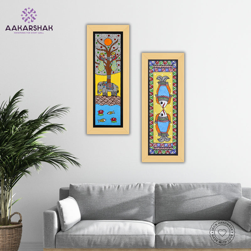 Handmade Madhubani Painting Set of 2 – Elephant & Fish Wall Decor 8x23