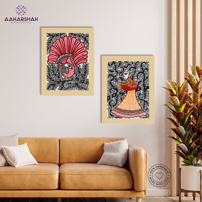 Handmade Madhubani Painting Set of 2 – Dancing peacock 12x16