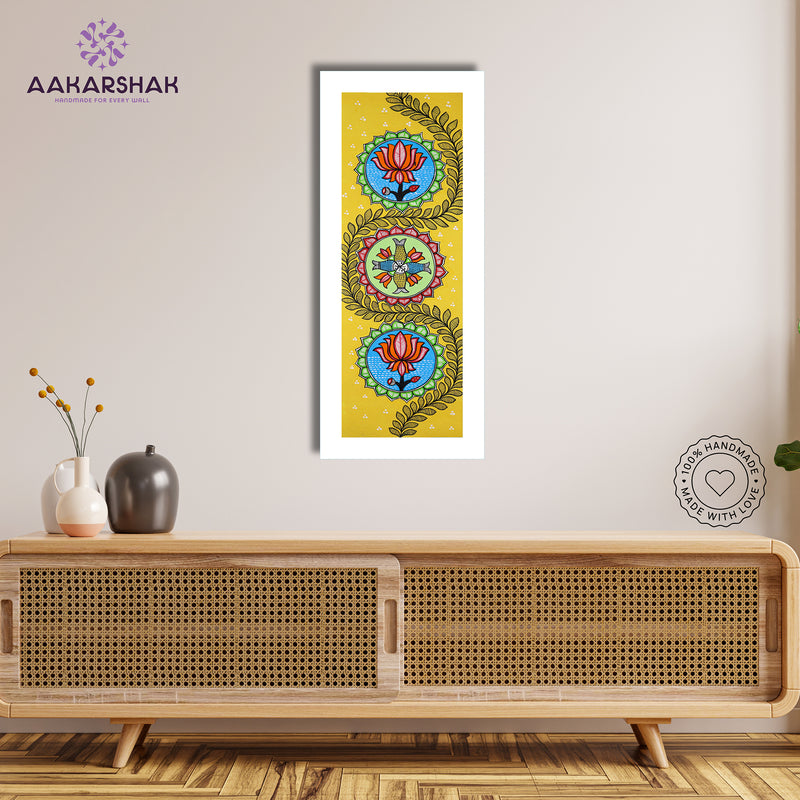 Framed artwork with lotus design -handmade madhubani painting for home decor