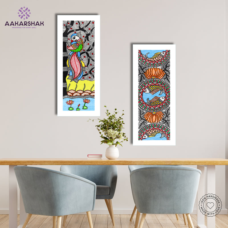 Handmade Madhubani Painting Set of 2 – Peacock and Fish Wall Decor 8x23