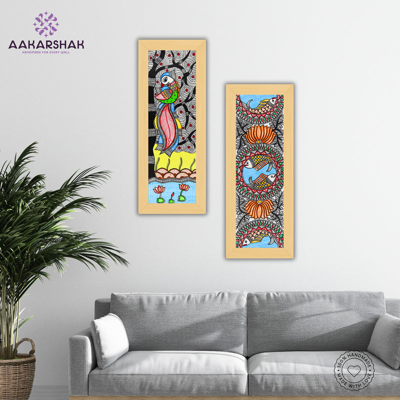 Handmade Madhubani Painting Set of 2 – Peacock and Fish Wall Decor 8x23