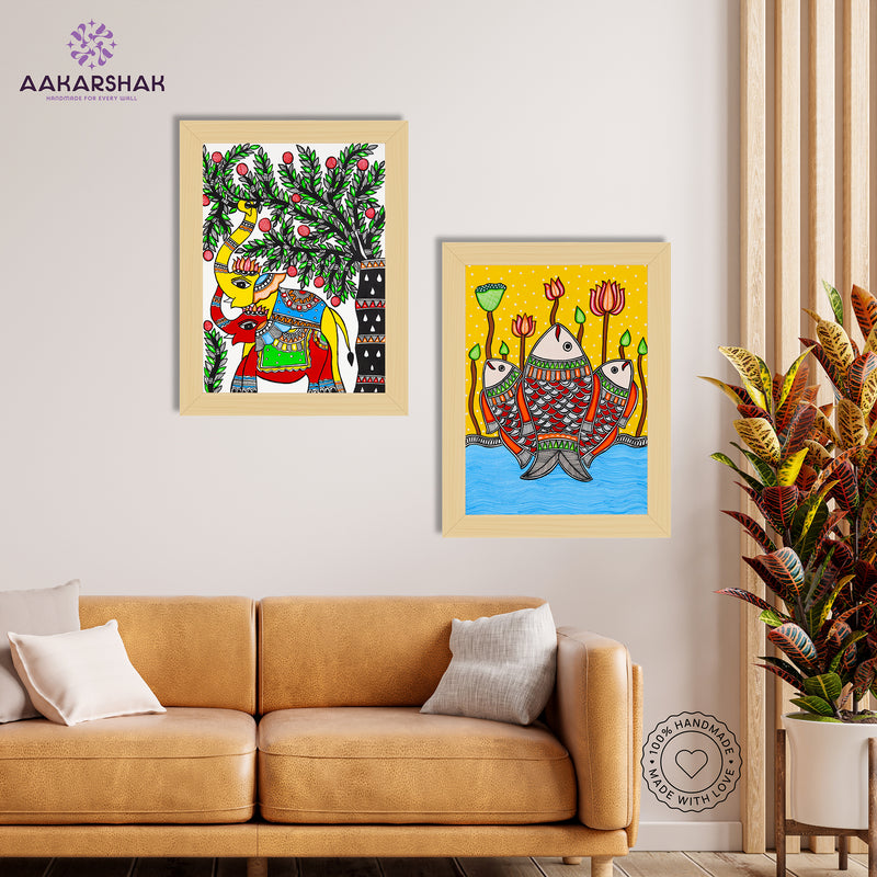 Handmade Madhubani Painting Set of 2 – Elephant and Fish  12x16