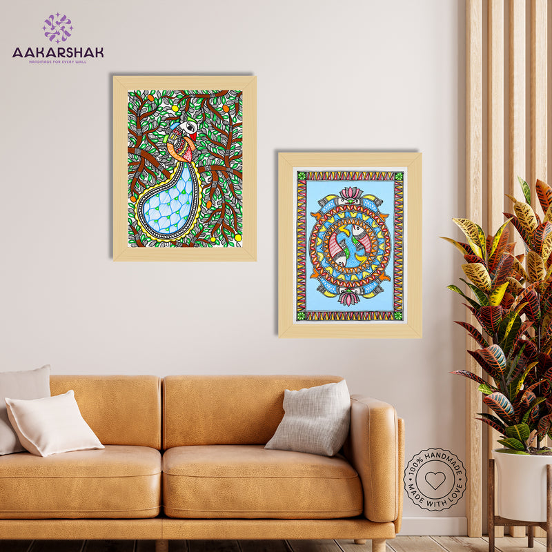 Handmade Madhubani Painting Set of 2 –  Peacock and Fish  12x16