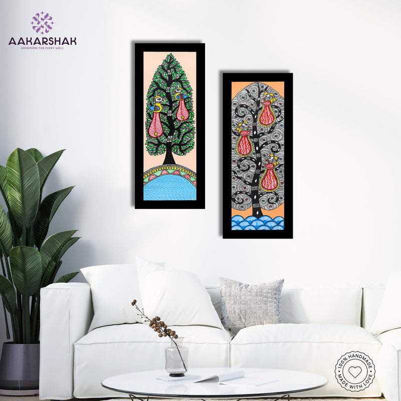 Handmade Madhubani Painting Set of 2 – Peacock and Peacock Wall Decor 8x23