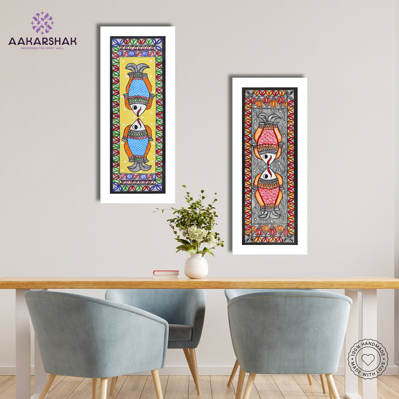 Handmade Madhubani Painting Set of 2 – Fish & Fish Wall Decor 8x23