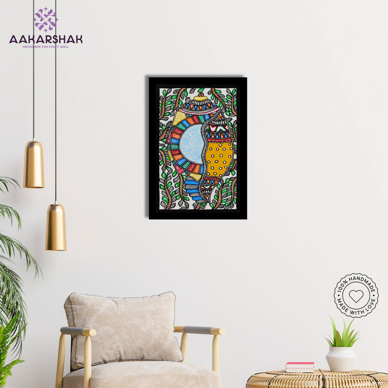 Handmade Madhubani Shankh Painting 8x12 Inch Framed Indian Wall Decor