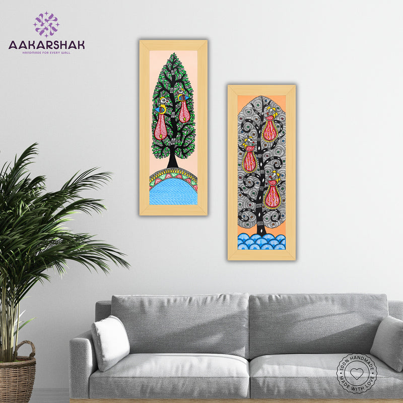 Handmade Madhubani Painting Set of 2 – Peacock and Peacock Wall Decor 8x23