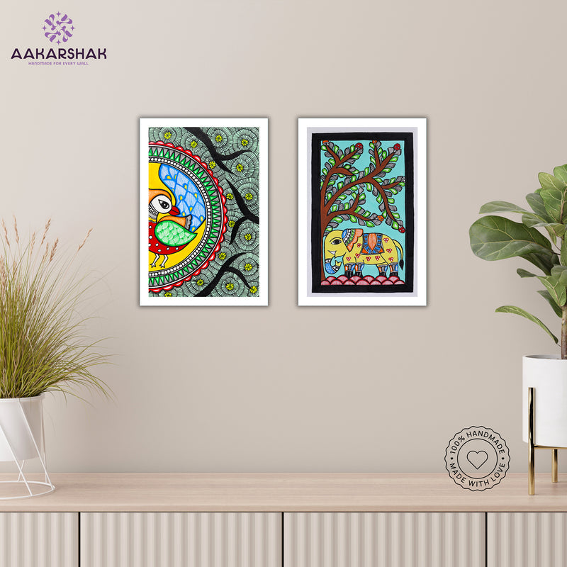 Handmade Peacock and Elephant Madhubani Painting 8x12 Set of 2