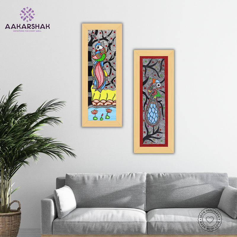 Handmade Madhubani Painting Set of 2 – Peacock and Peacock Wall Decor 8x23
