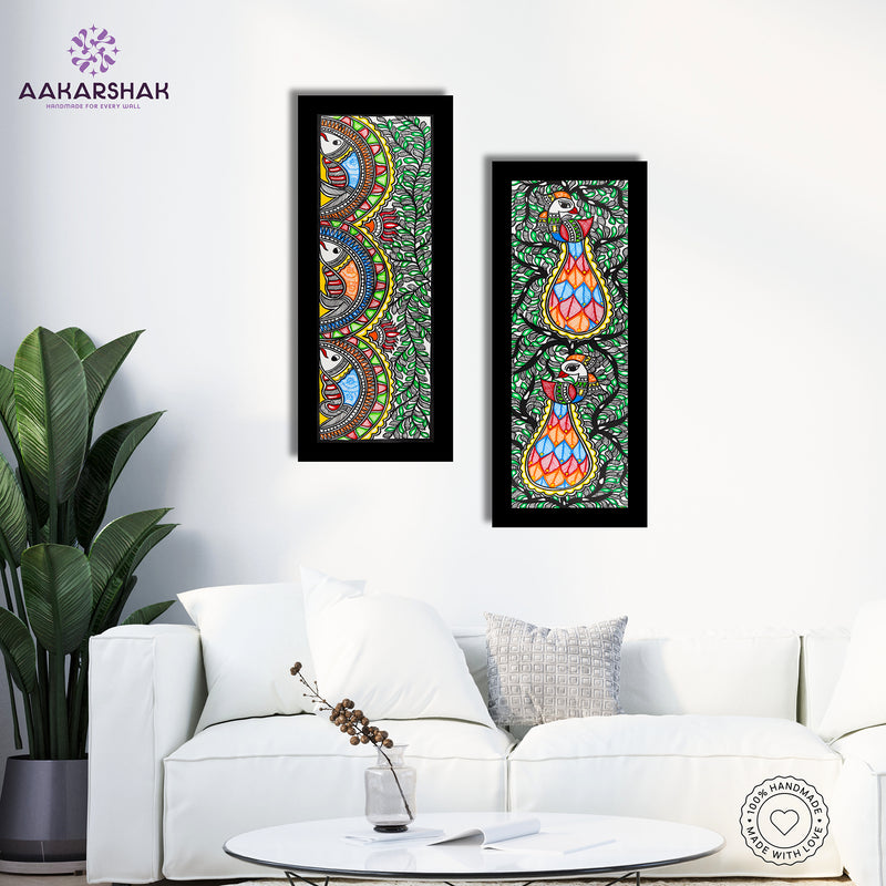 Handmade Madhubani Painting Set of 2 – Fish & Peacock Wall Decor 8x23