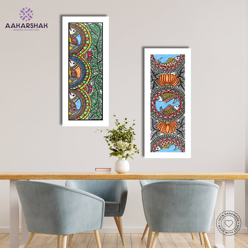 Handmade Madhubani Painting Set of 2 – Fish & Fish Wall Decor 8x23