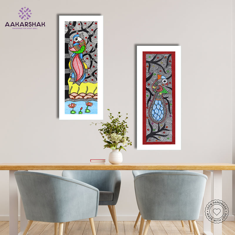 Handmade Madhubani Painting Set of 2 – Peacock and Peacock Wall Decor 8x23