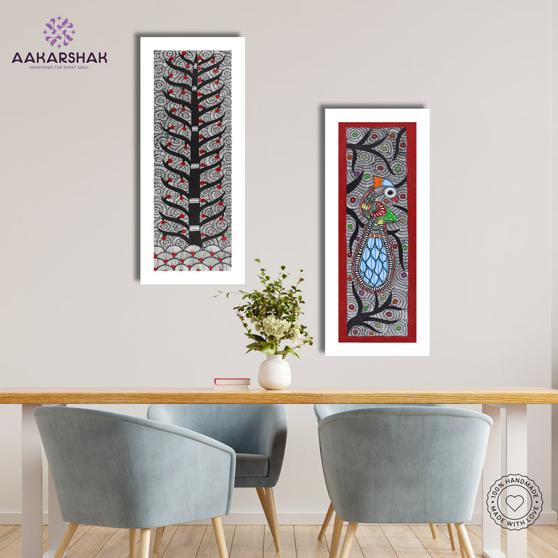 Handmade Madhubani Painting Set of 2 – Tree of life & Peacock 8x23