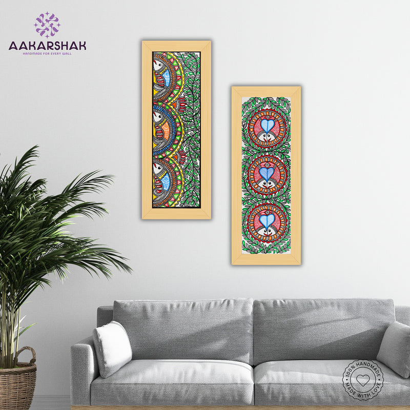 Handmade Madhubani Painting Set of 2 – Fish & Fish Wall Decor 8x23