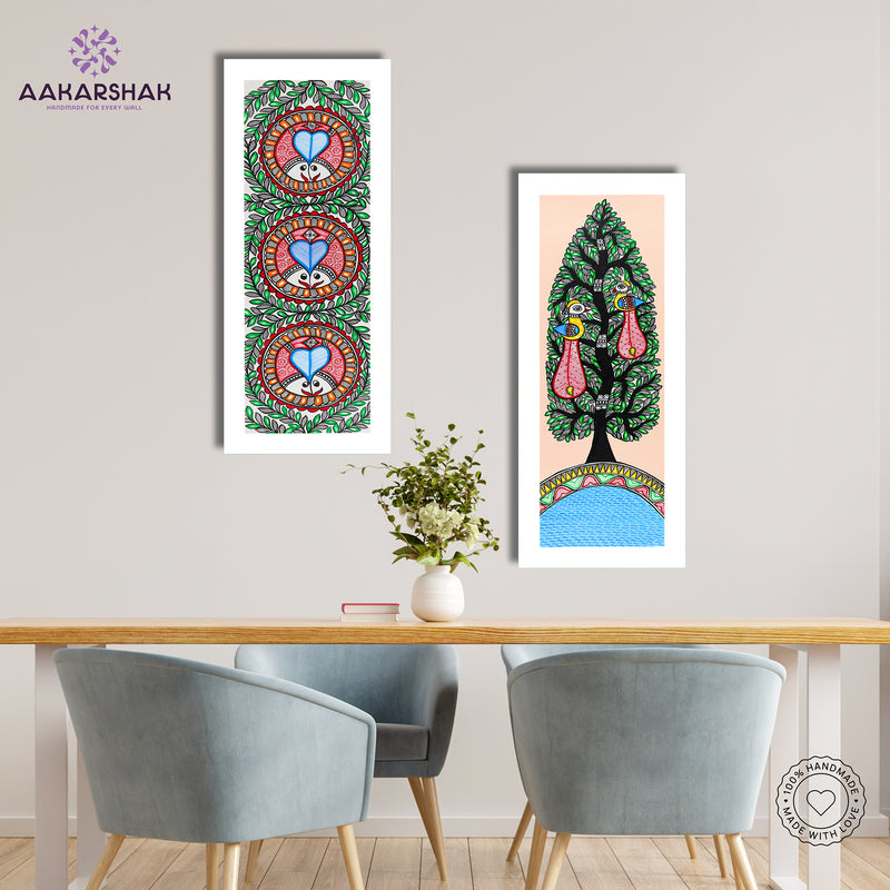 Handmade Madhubani Painting Set of 2 – Fish & Peacock Wall Decor 8x23