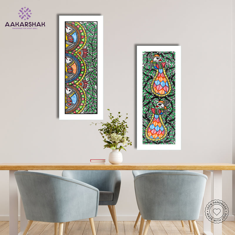 Handmade Madhubani Painting Set of 2 – Fish & Peacock Wall Decor 8x23