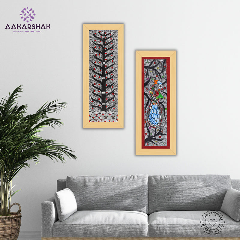 Handmade Madhubani Painting Set of 2 – Tree of life & Peacock 8x23