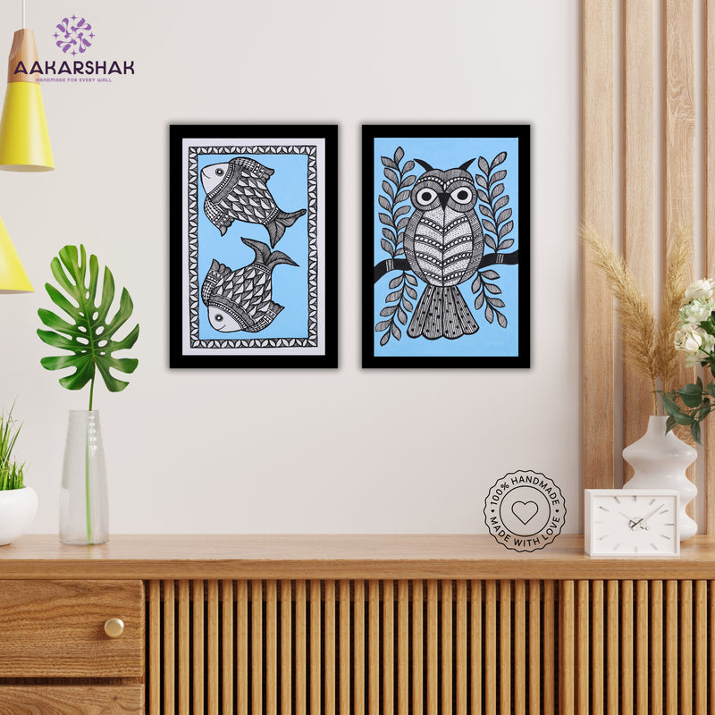 Handmade Fish and Owl Madhubani Painting 8x12 Set of 2