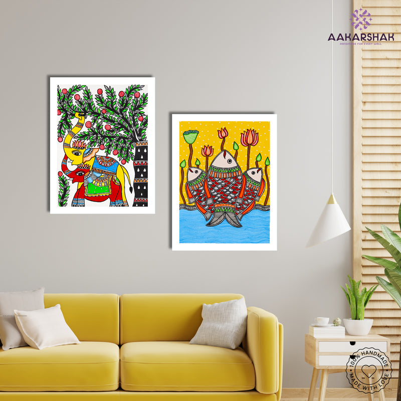 Handmade Madhubani Painting Set of 2 – Elephant and Fish  12x16