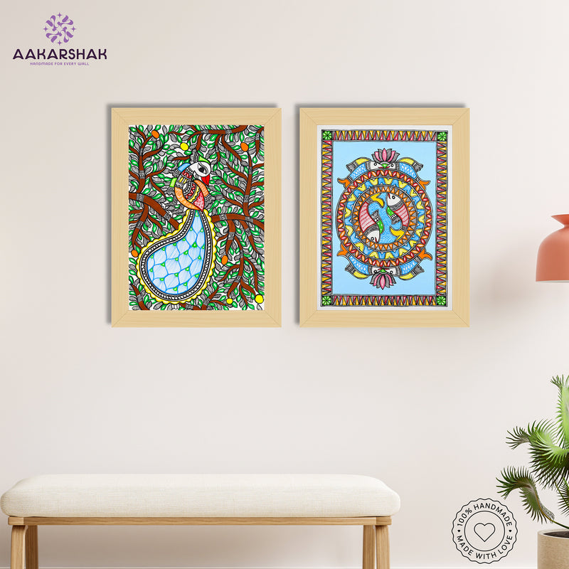 Handmade Madhubani Painting Set of 2 –  Peacock and Fish  12x16