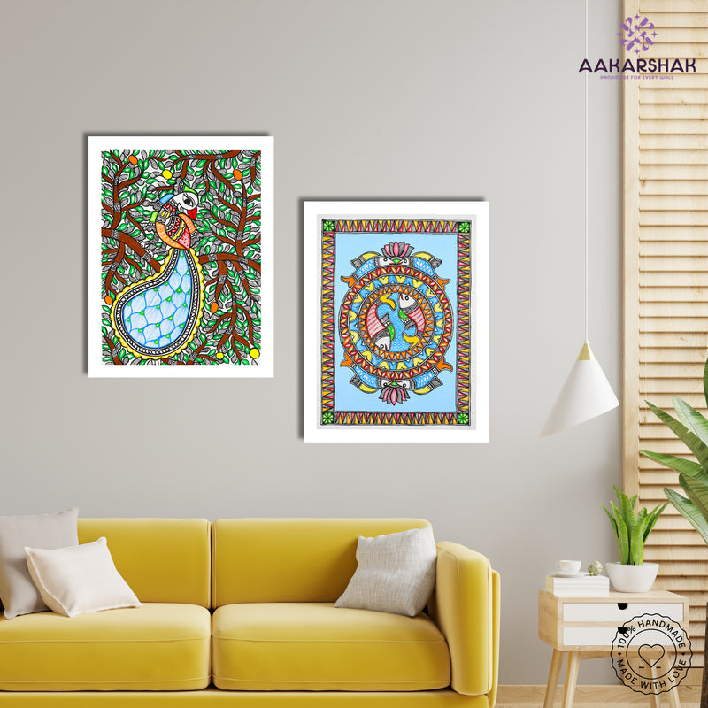 Handmade Madhubani Painting Set of 2 –  Peacock and Fish  12x16