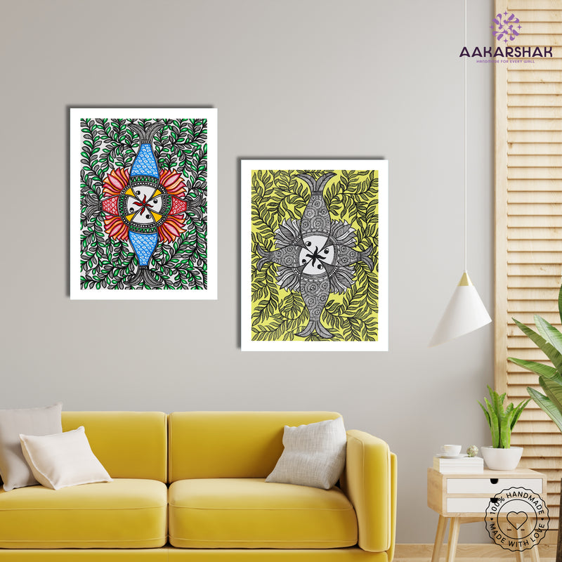 Handmade Madhubani Painting Set of 2 – Fish 12x16