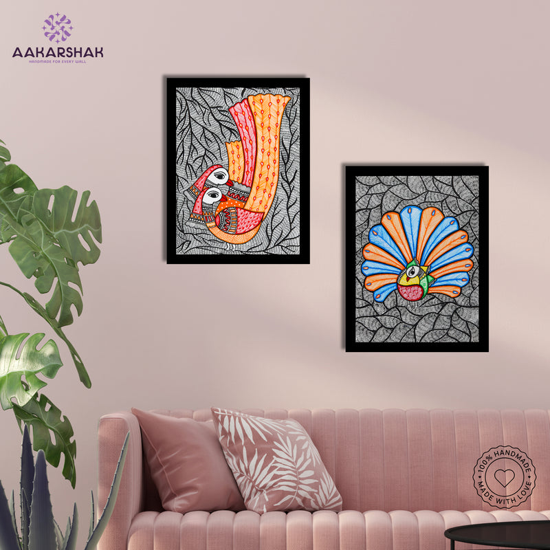 Handmade Madhubani Painting Set of 2 –  Peacock 12x16