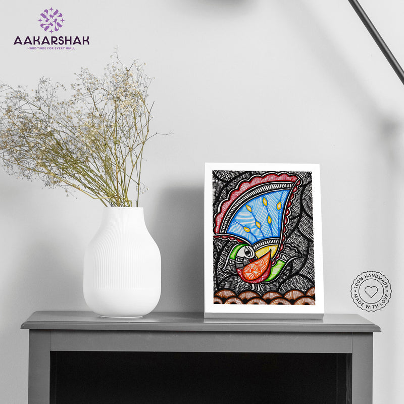 Handmade Madhubani Peacock Painting 6x8 Inch Framed Indian Wall Decor