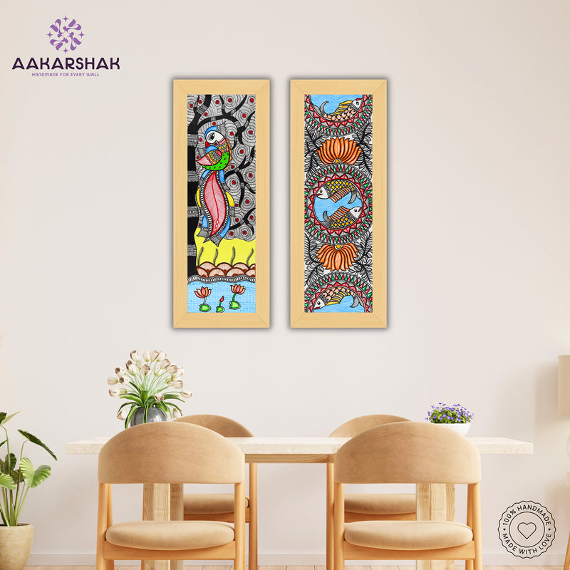Handmade Madhubani Painting Set of 2 – Peacock and Fish Wall Decor 8x23