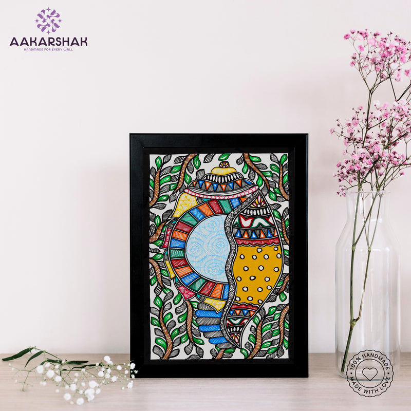Handmade Madhubani Shankh Painting 8x12 Inch Framed Indian Wall Decor