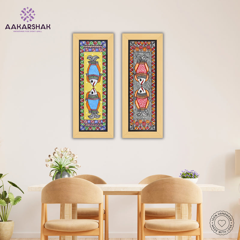 Handmade Madhubani Painting Set of 2 – Fish & Fish Wall Decor 8x23