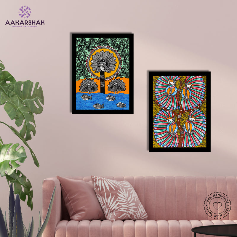 Handmade Madhubani Painting Set of 2 – Peacock 12x16
