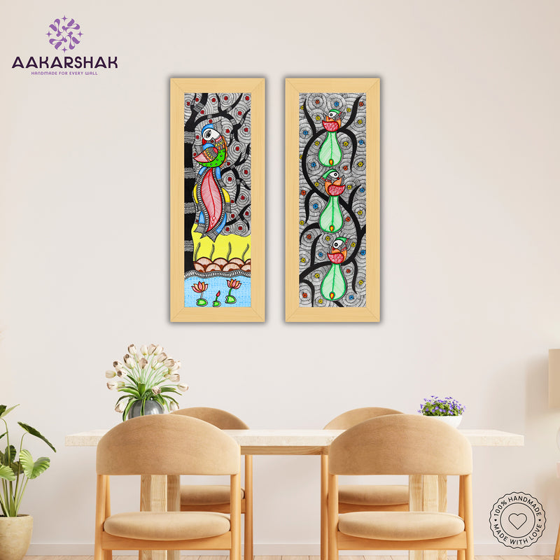 Handmade Madhubani Painting Set of 2 – Peacock and Peacock Wall Decor 8x23