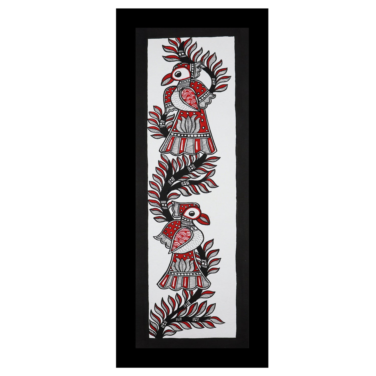 Handmade Madhubani Peacock Painting 8x23 Inch Indian Wall Decor