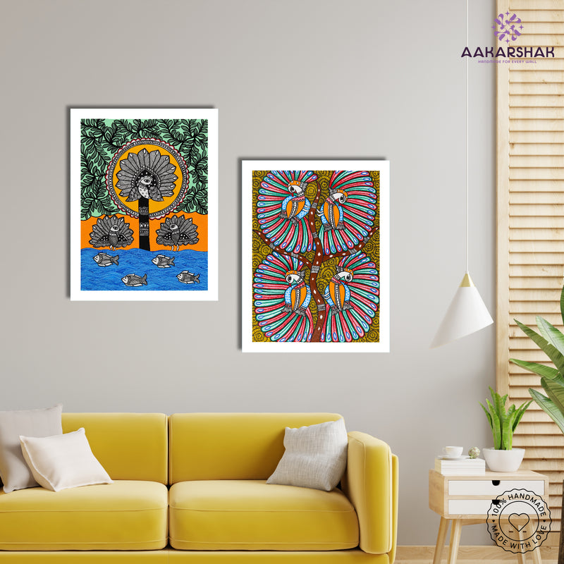 Handmade Madhubani Painting Set of 2 – Peacock 12x16